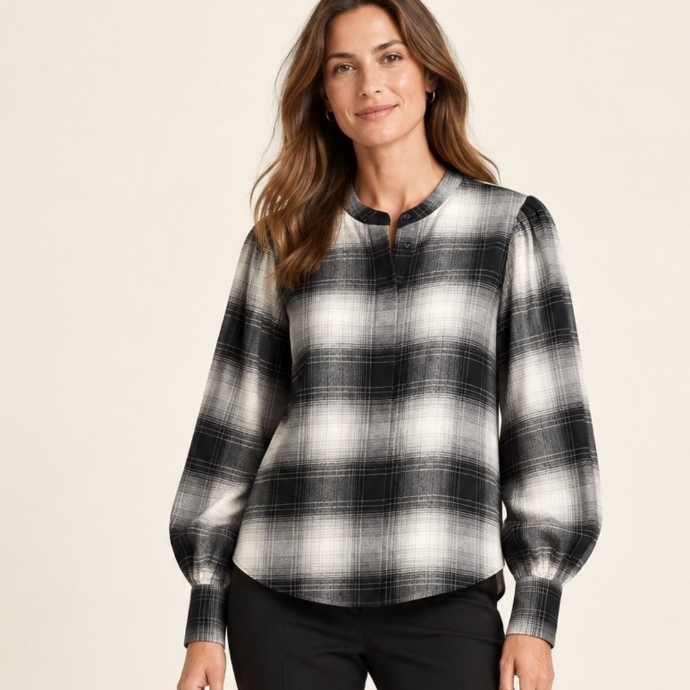 Banana Republic Womens Plaid Blouse Size M Black White Puff Sleeve Band Collar